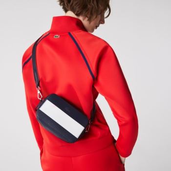 Lacoste Chantaco Colorblock Piqué Leather Shoulder Bag - Taška Dámské Tmavě Blankyt / Bílé / Červené